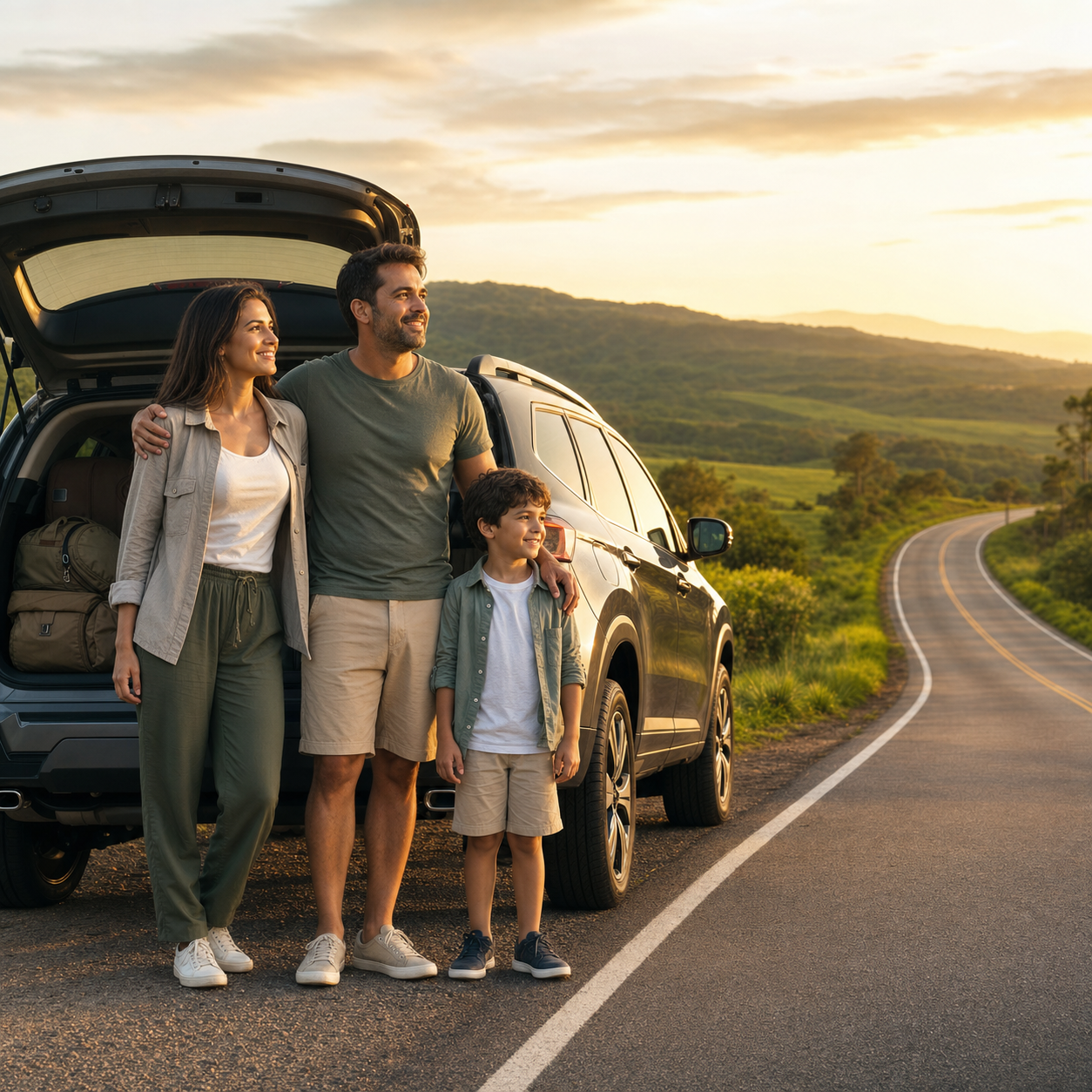 Família ao lado de um veículo pronta para viajar com tranquilidade